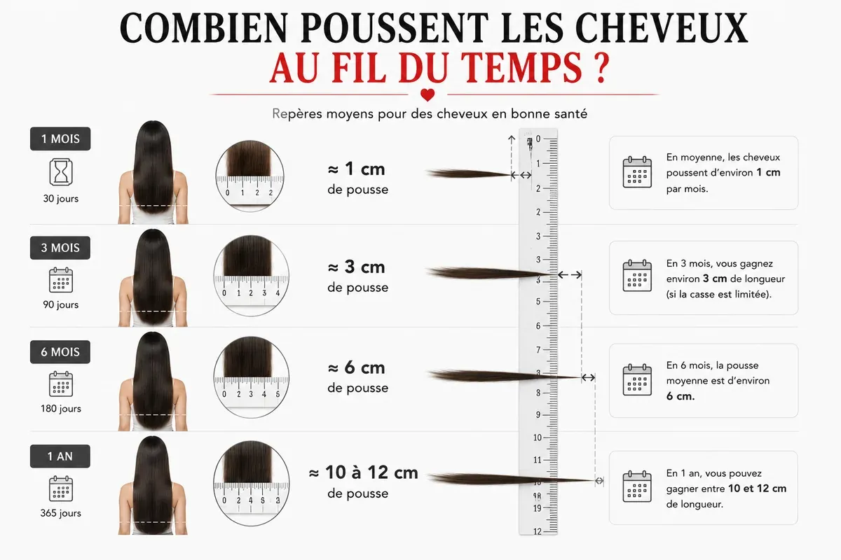 Repères de pousse des cheveux sur 1 mois, 3 mois, 6 mois et 1 an
