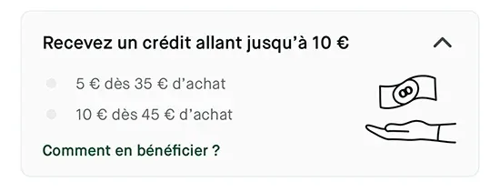 Exemple de cashback Choose avec 5€ de crédit dès 35€ d'achat et 10€ dès 45€ d'achat
