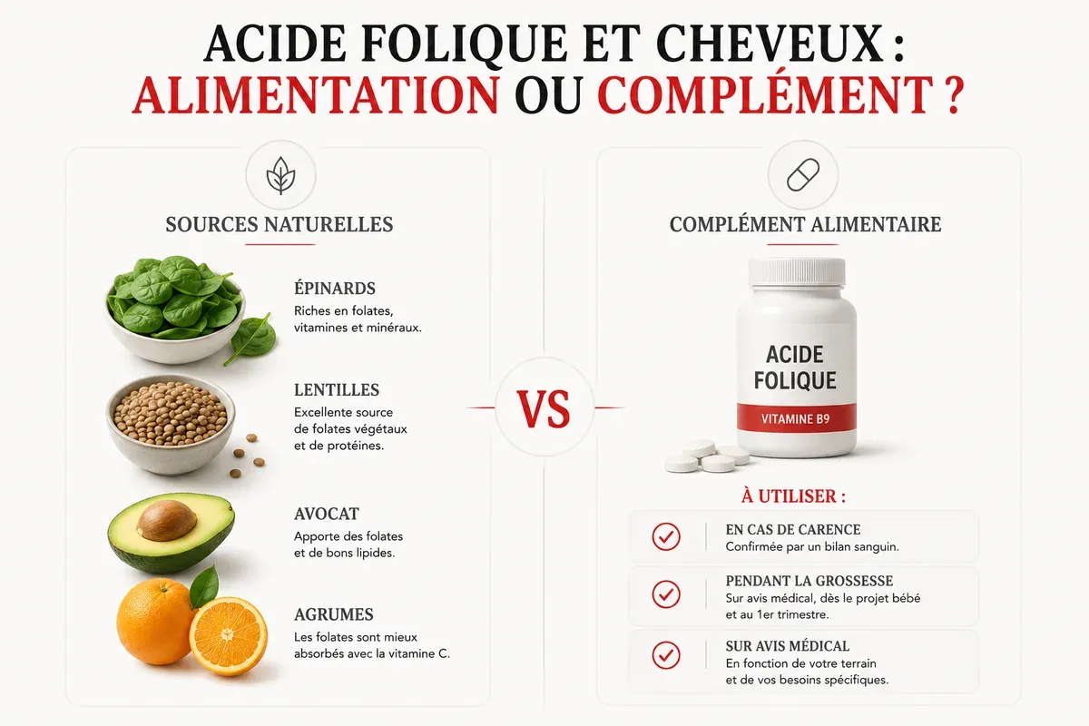 Infographie acide folique cheveux comparant sources alimentaires naturelles et complément de vitamine B9