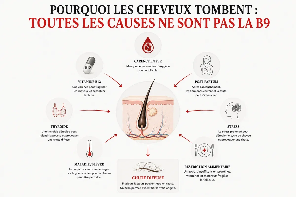 Infographie sur les causes de chute de cheveux qui ne sont pas toutes liées à la vitamine B9