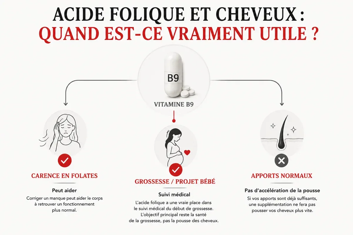 Infographie acide folique cheveux avec carence en folates, grossesse et apports normaux