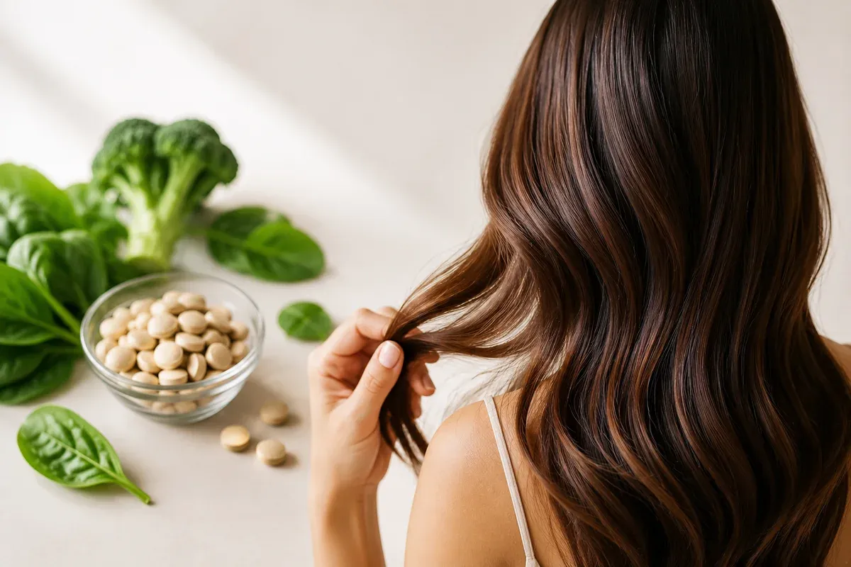 Cheveux bruns brillants avec aliments riches en folates pour illustrer l'acide folique cheveux