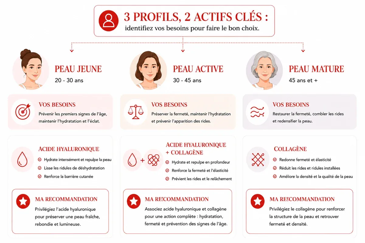 Choisir le collagène ou l'acide hyaluronique selon trois profils de peau par âge