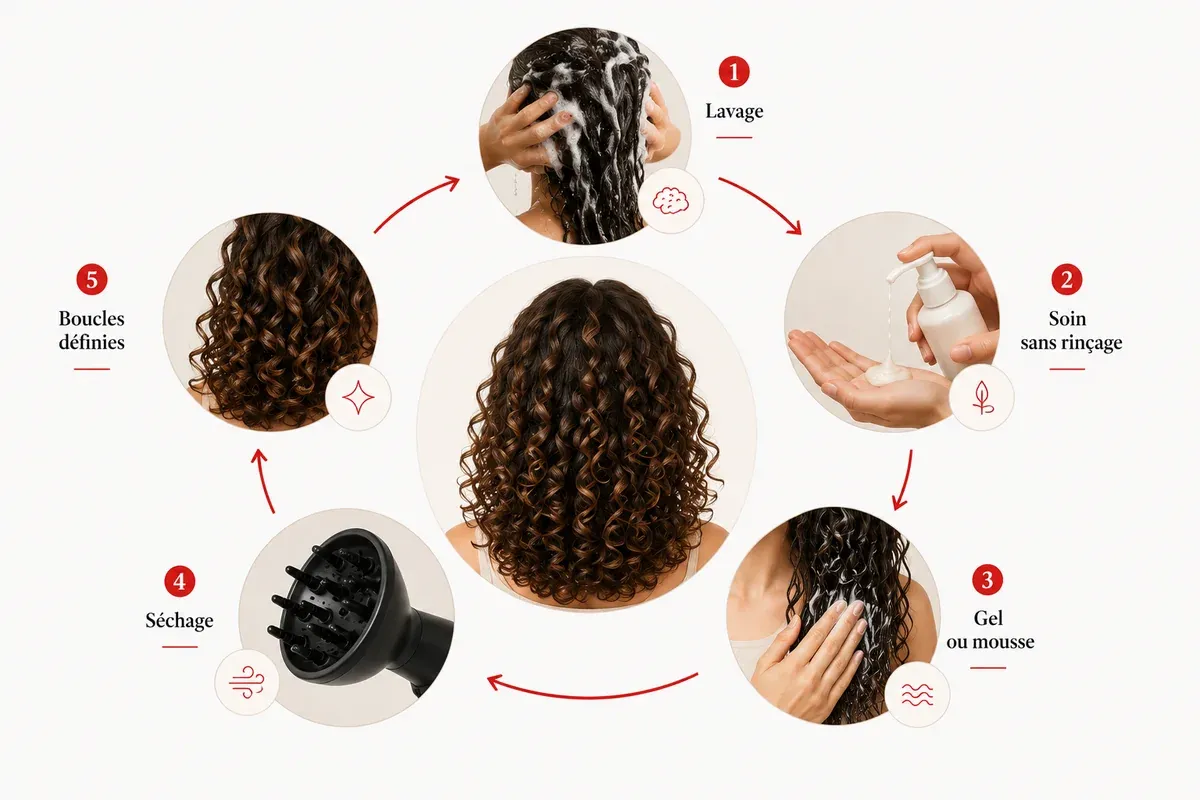 Les étapes d'une routine boucles : lavage, soin sans rinçage, gel, séchage et boucles dessinées