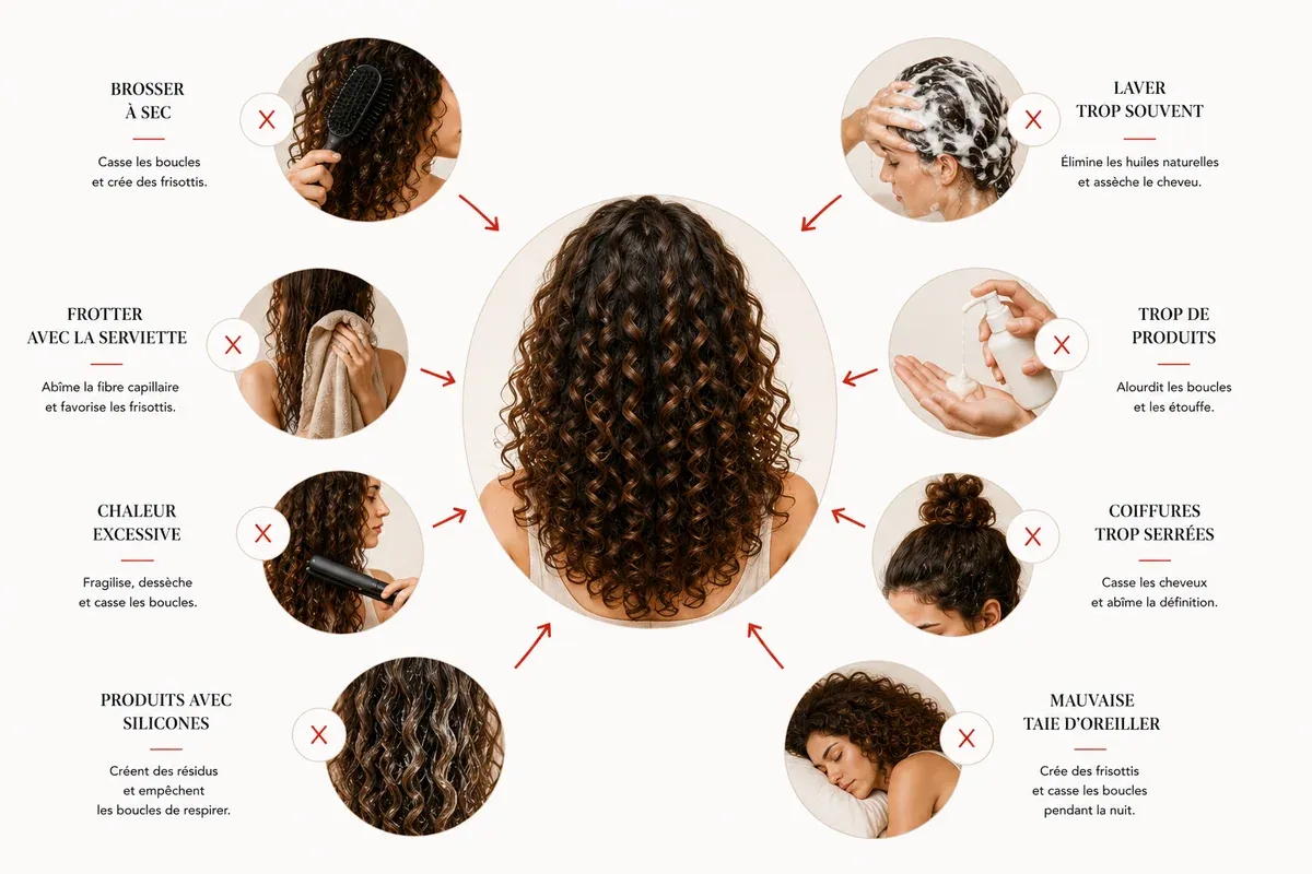 Les erreurs qui font retomber les boucles : brossage à sec, serviette éponge, chaleur excessive et mauvaise taie d'oreiller