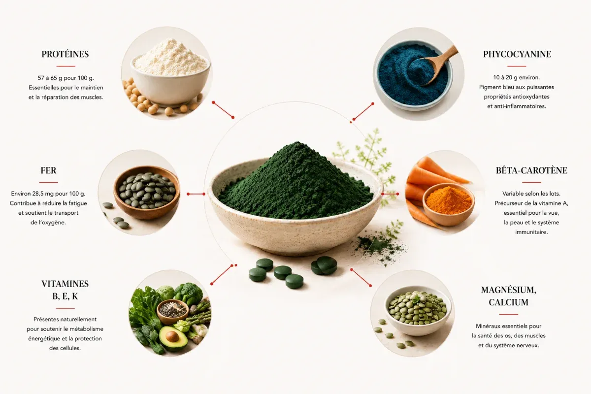 Composition de la spiruline : protéines, fer, phycocyanine, bêta-carotène et vitamines