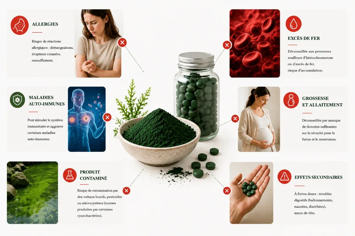 Dangers et contre-indications de la spiruline : allergies, excès de fer, grossesse et contamination