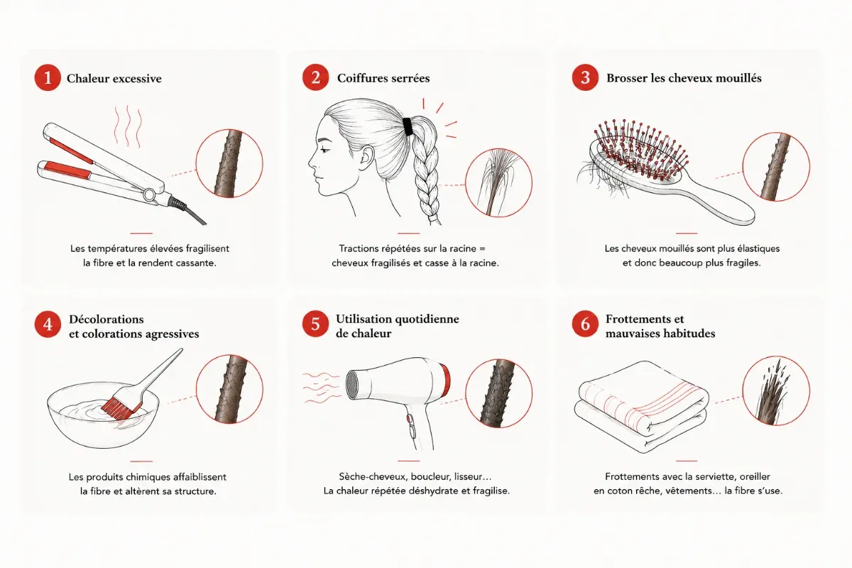 Six habitudes qui cassent les cheveux : chaleur, coiffures serrées, brossage mouillé et coloration