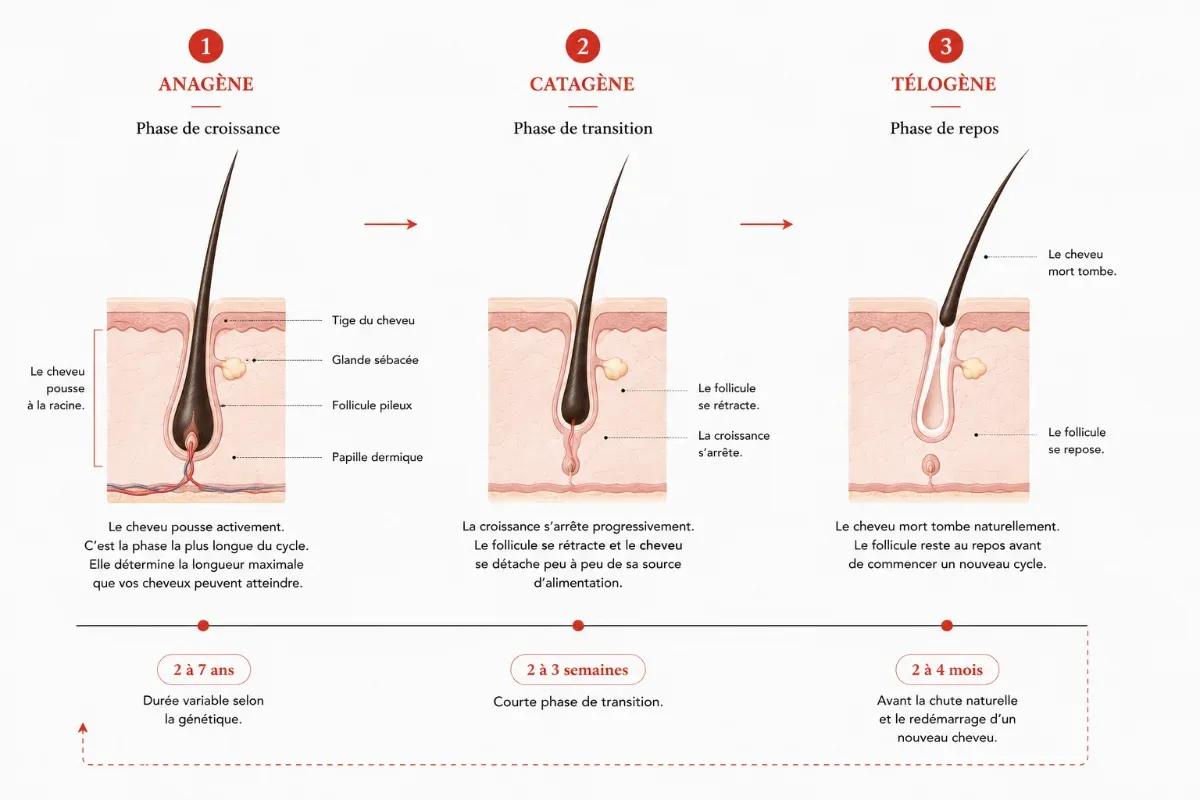 Le cycle du cheveu : phases anagène, catagène et télogène