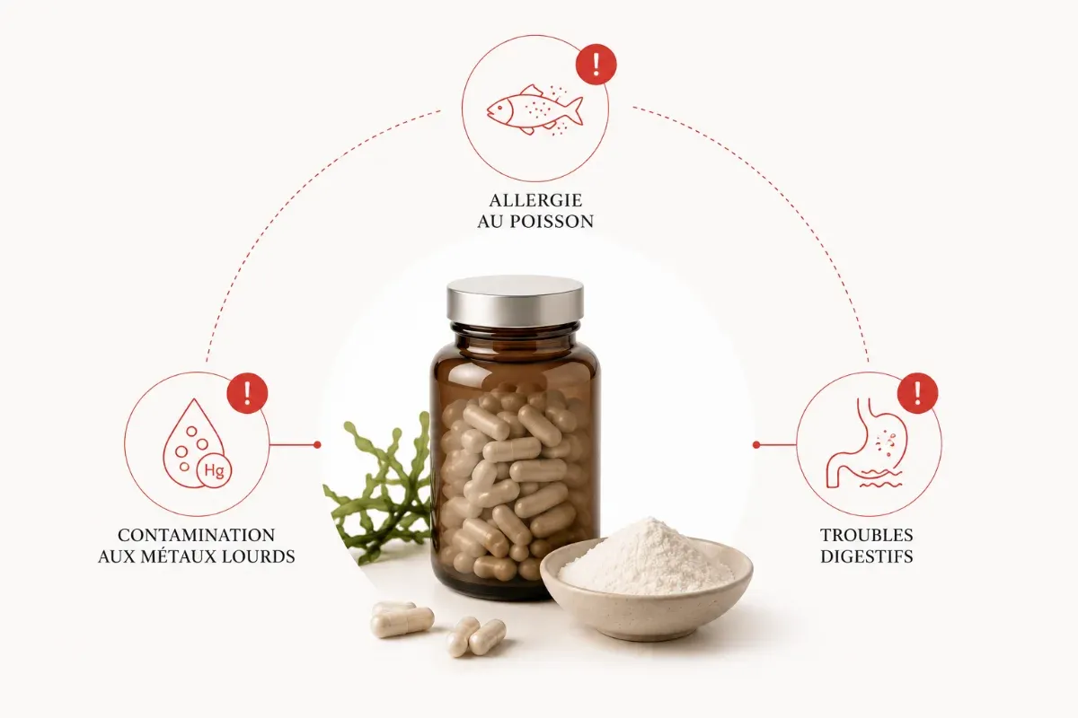 Infographie des 3 vrais dangers du collagène marin : allergie au poisson, contamination aux métaux lourds et troubles digestifs