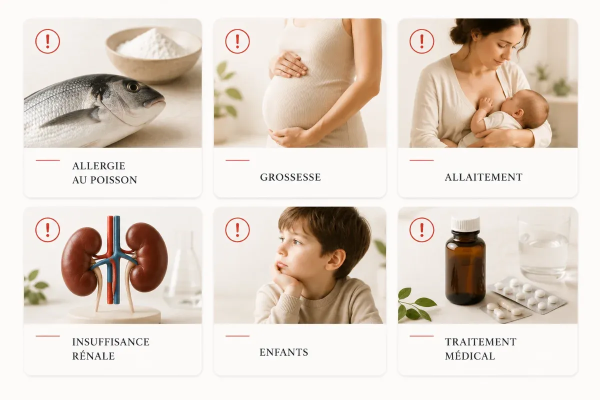 Infographie des 6 profils qui ne doivent pas prendre de collagène marin : allergie, grossesse, allaitement, insuffisance rénale, enfants, traitement médical