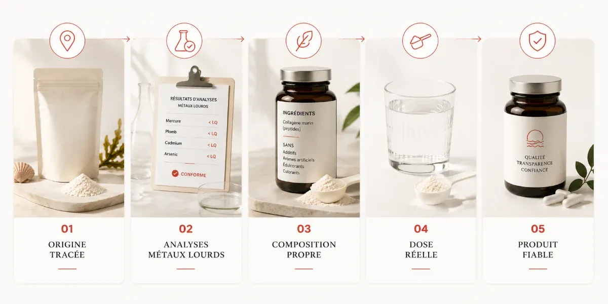 Infographie des 5 critères pour choisir un collagène marin sûr : origine tracée, analyses métaux lourds, composition propre, dose réelle, produit fiable