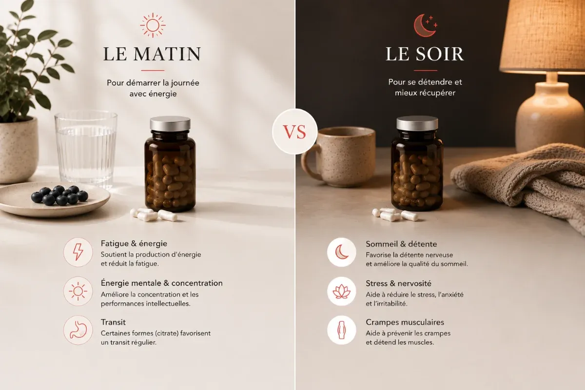 Infographie matin vs soir pour prendre du magnésium : le matin pour l'énergie, le soir pour la détente, le sommeil et les crampes