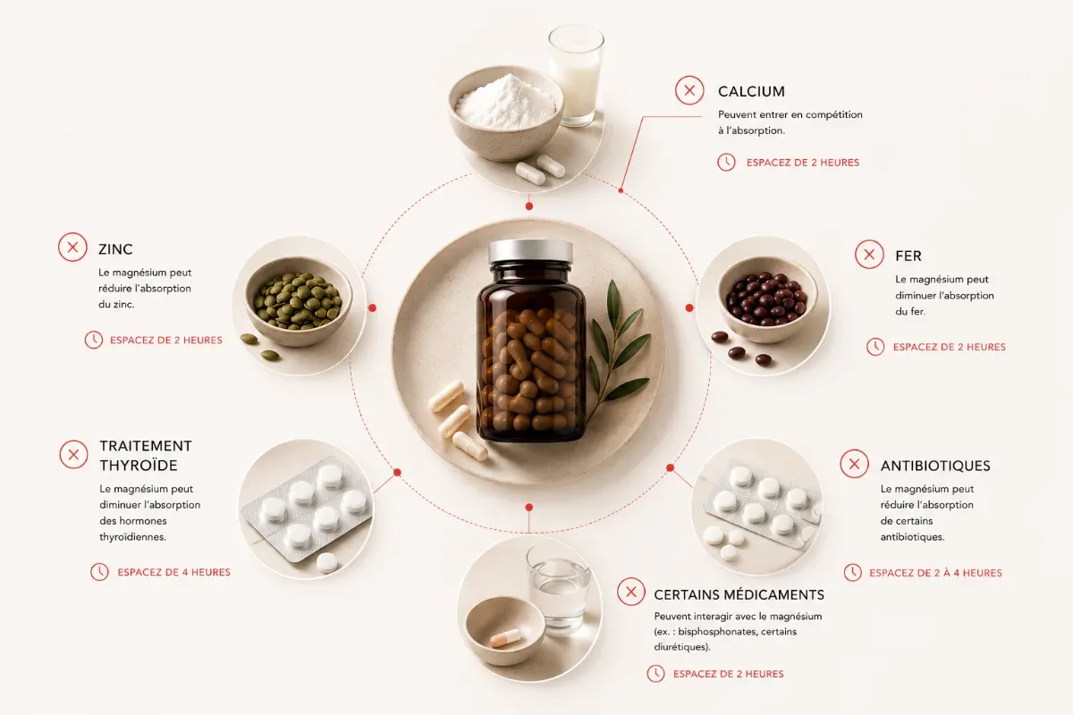 Infographie des interactions du magnésium : calcium, fer, zinc, antibiotiques, traitement thyroïde et certains médicaments — espacer de 2 à 4 heures
