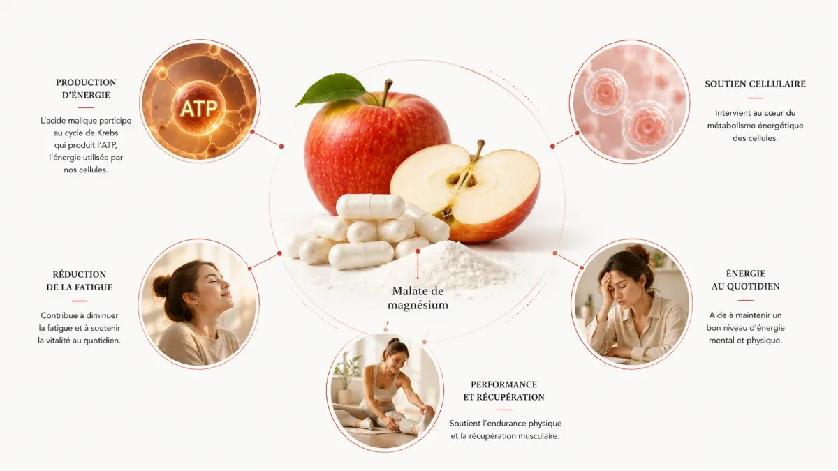 Infographie sur les bienfaits du malate de magnesium pour la fatigue, l'energie et les muscles