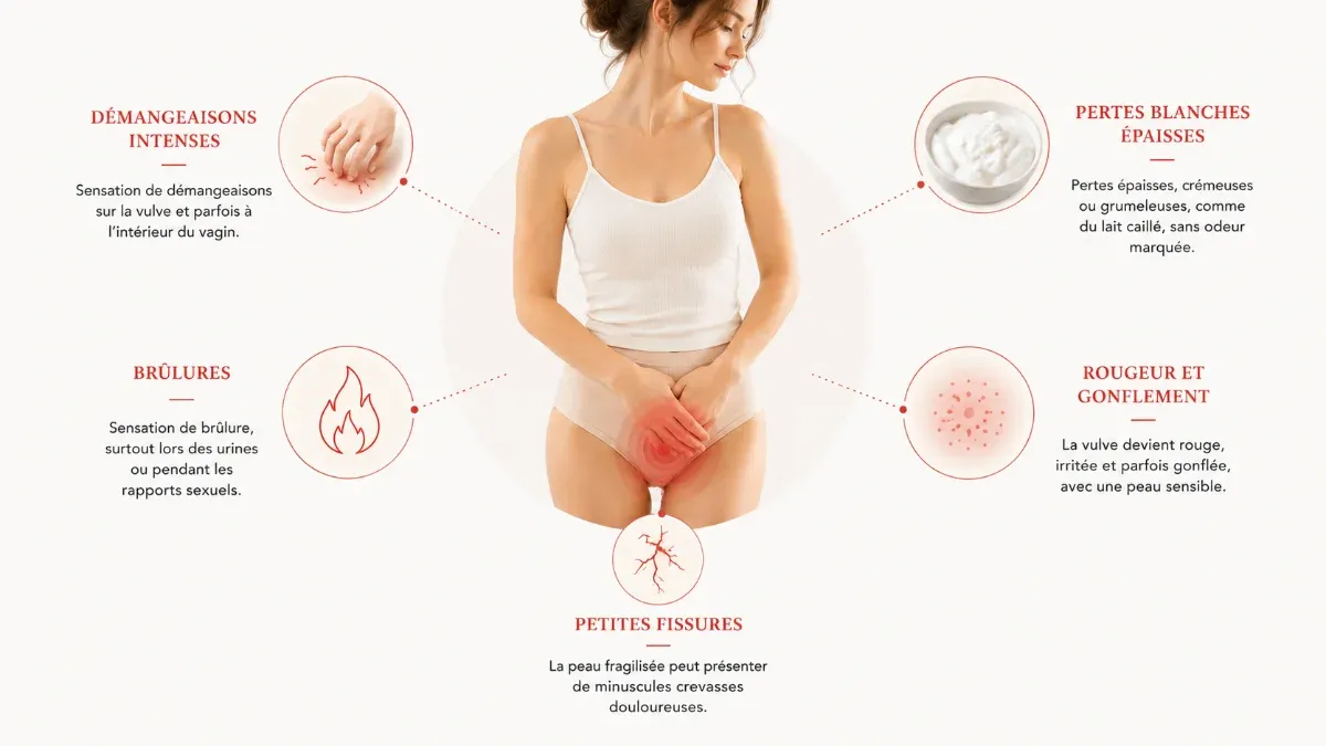 Schema des symptomes typiques de la mycose vaginale : demangeaisons intenses, pertes blanches epaisses et brulures