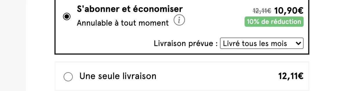 Choix entre l'abonnement à -10 % et l'achat à l'unité sur une page produit La Marque en Moins