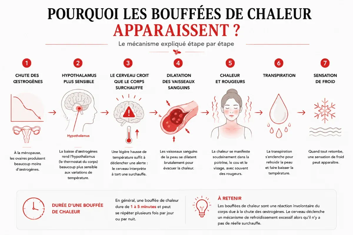 Chute des œstrogènes qui dérègle la température et provoque les bouffées de chaleur de la ménopause
