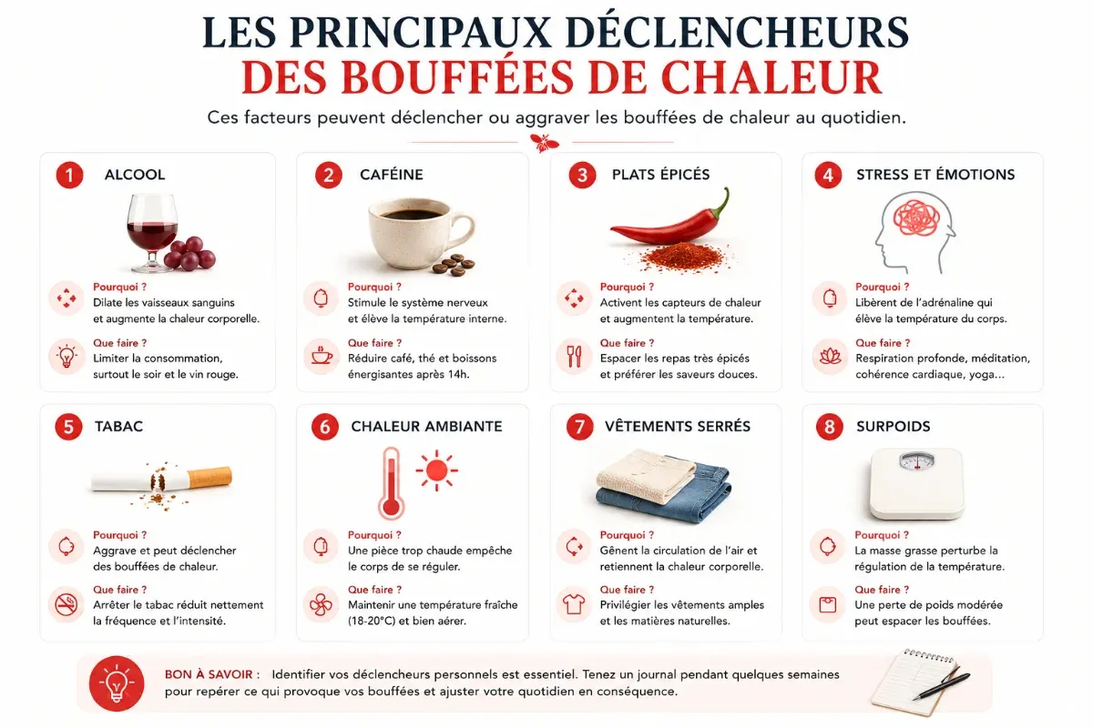 Déclencheurs des bouffées de chaleur comme le café, l'alcool et le stress