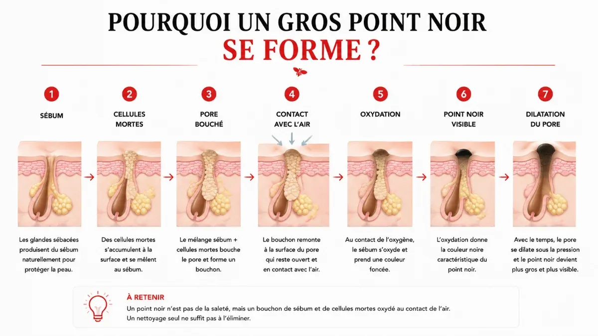 Gros points noirs incrustés visibles sur la peau du nez