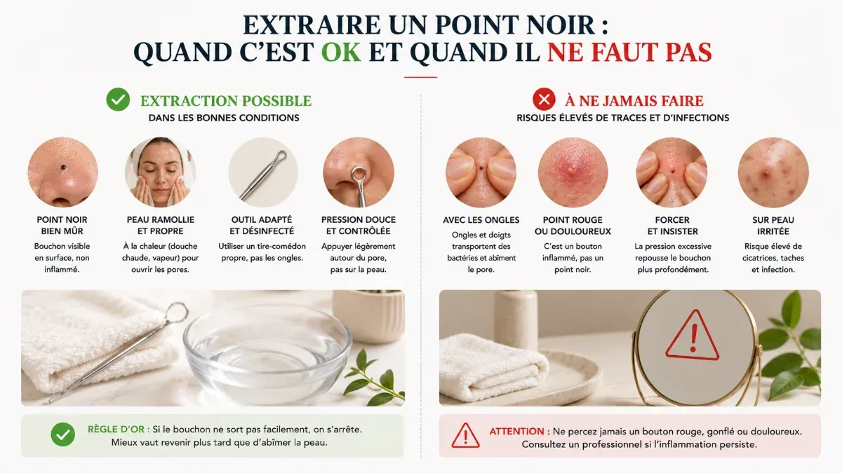 Extraction douce d'un point noir avec un tire-comédon désinfecté