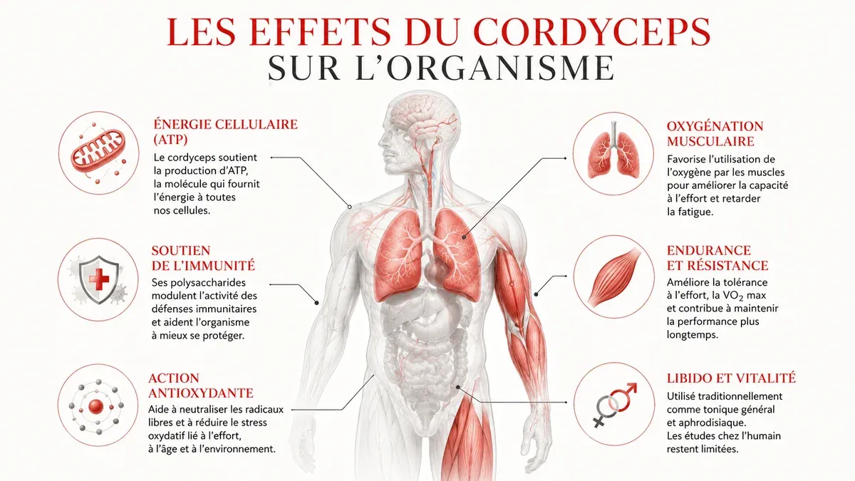 Infographie des effets du cordyceps sur l'organisme : energie, oxygenation, endurance et immunite