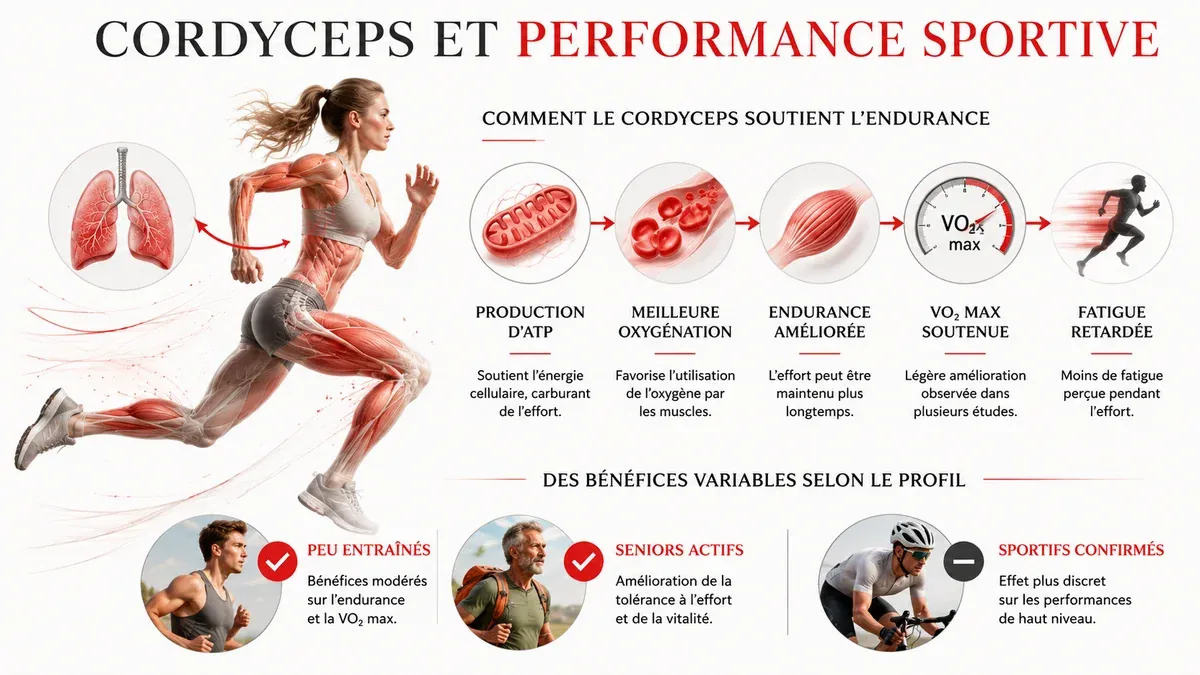 Infographie du cordyceps et de la performance sportive : endurance et oxygenation a l'effort