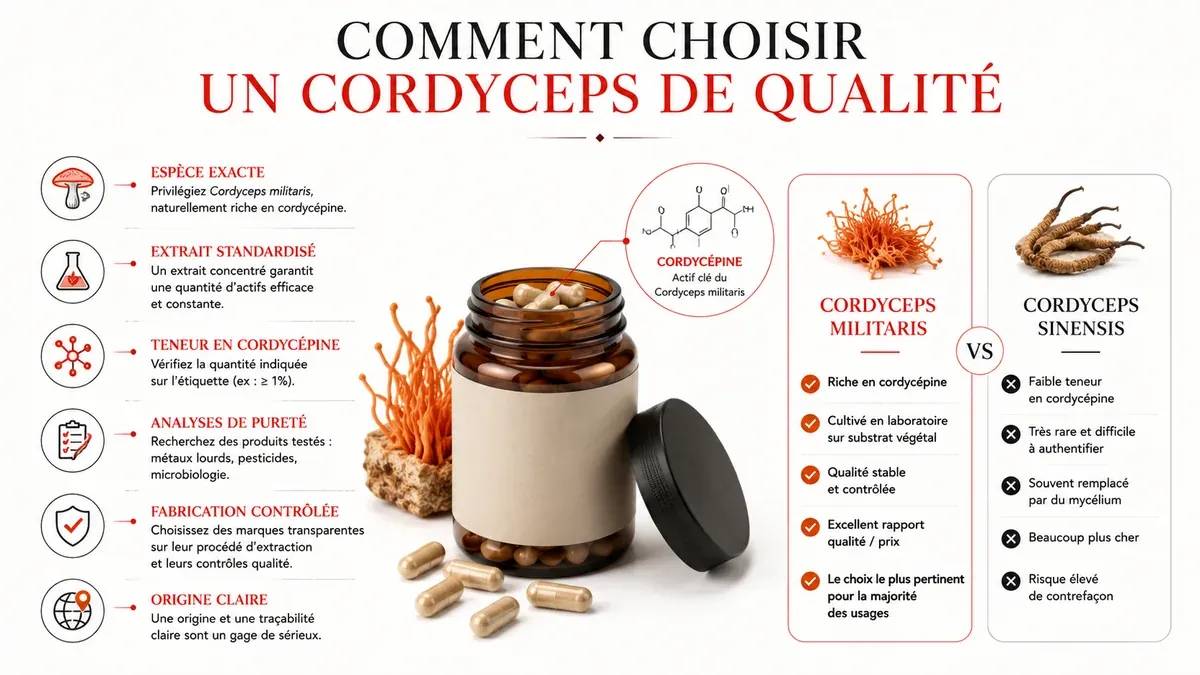 Infographie pour choisir un cordyceps de qualite : espece militaris et teneur en cordycepine