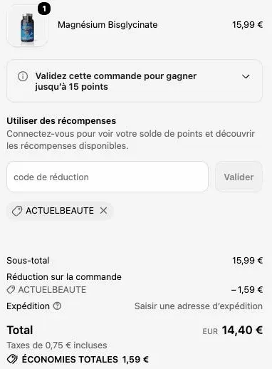 Code promo Nutrimea ACTUELBEAUTE appliqué au panier : 1,59 € retirés sur une commande de 15,99 €