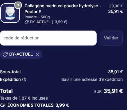 Code promo Dynveo DY-ACTUEL appliqué au panier : 3,99 € retirés sur le collagène marin à 39,90 €
