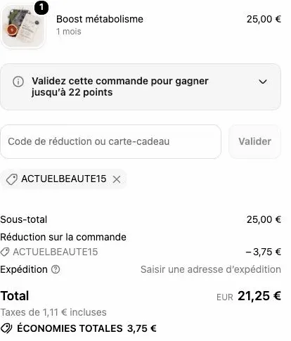 Code promo Epycure ACTUELBEAUTE15 appliqué au panier : 3,75 € retirés sur le Boost Métabolisme à 25 €