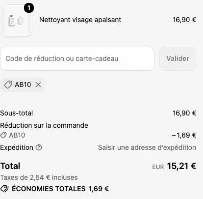 Code promo Umaï AB10 appliqué au panier : 1,69 € retirés sur le nettoyant visage à 16,90 €