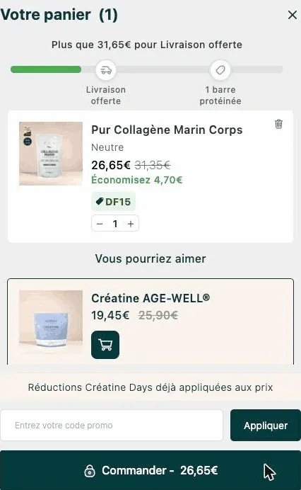 Code promo Humble+ DF15 appliqué au panier : 4,70 € retirés sur le collagène marin à 31,35 €