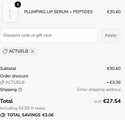 Code promo Day+ ACTUELB appliqué au checkout : 3,06 € retirés sur le sérum lèvres à 30,60 €