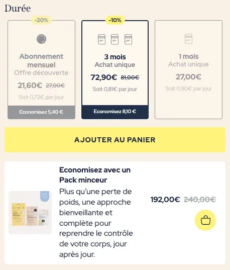 capture des offres et prix de la Cure perte de poids sur le site Epycure