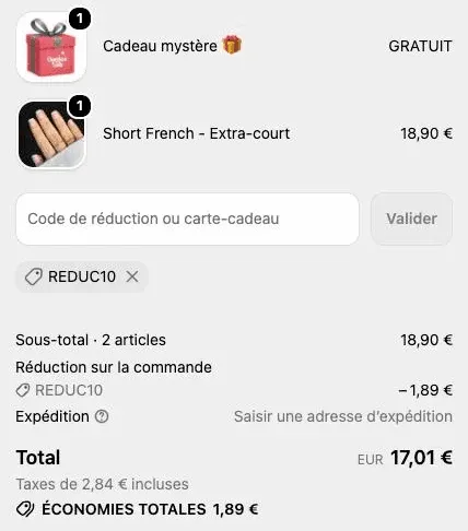 Code promo Ongles Lab REDUC10 appliqué au checkout : 1,89 € retirés sur un kit à 18,90 €