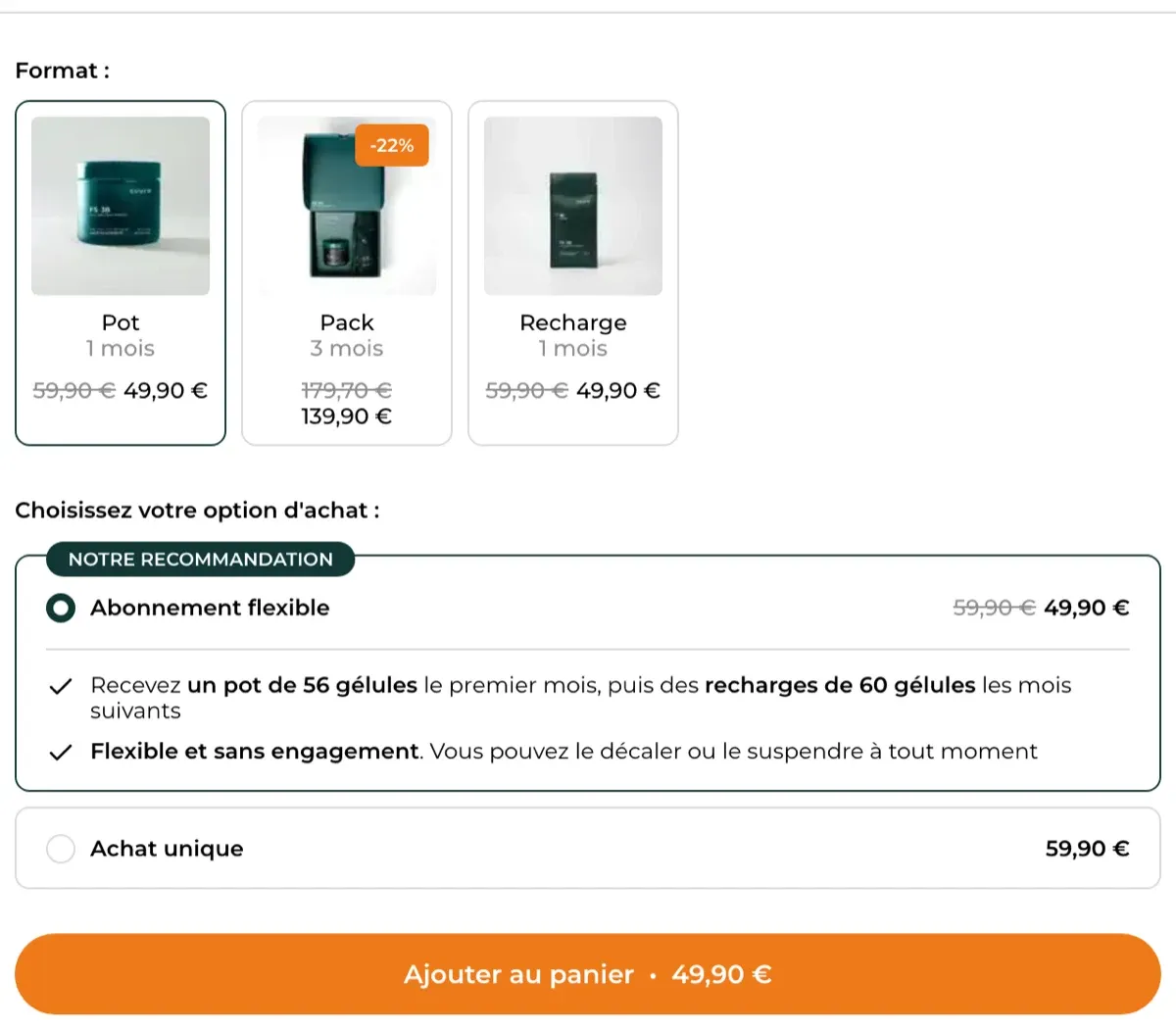 Les offres et le prix du FS-3B de Cuure : formats pot 1 mois, pack 3 mois et recharge