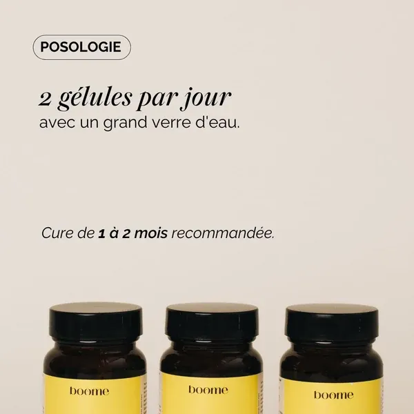 Posologie de la cure Détox Boome : 2 gélules par jour, cure de 1 à 2 mois recommandée