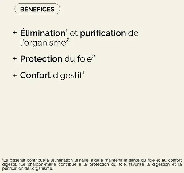 Les trois bénéfices annoncés par Boome pour la cure Détox : élimination et purification, protection du foie, confort digestif
