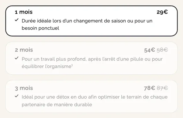 Les trois formats et prix de la cure Détox Boome : 1 mois 29 euros, 2 mois 54 euros, 3 mois 78 euros