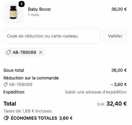 Code promo Boome AB-788089 appliqué au checkout : 3,60 € retirés sur le Baby Boost à 36 €