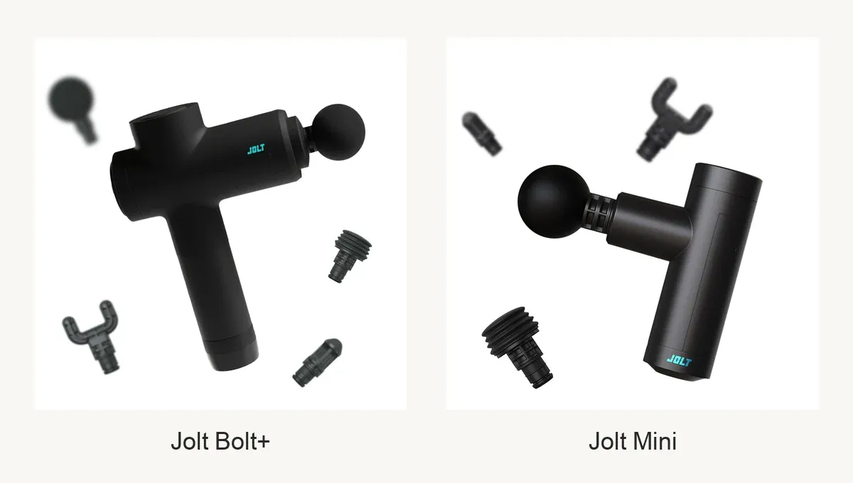 Comparatif visuel entre le pistolet de massage Jolt Bolt+ et le Jolt Mini