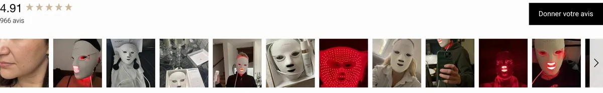 La note de 4,91 sur 5 du masque LED Nooance Elite X600 et les photos des clientes