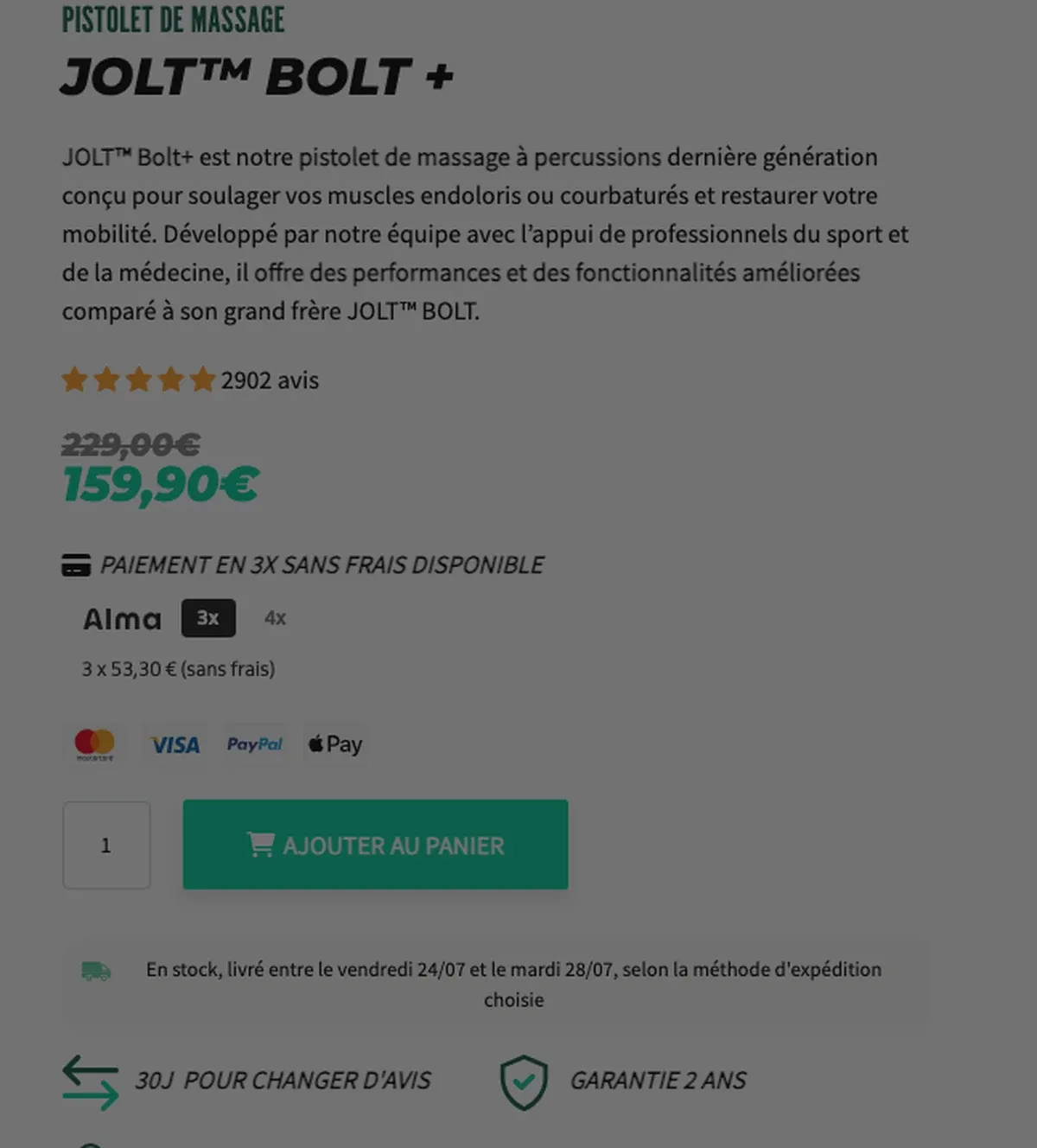 Bloc prix officiel du Jolt Bolt+ : 159,90 euros au lieu de 229 euros avec paiement en 3 fois