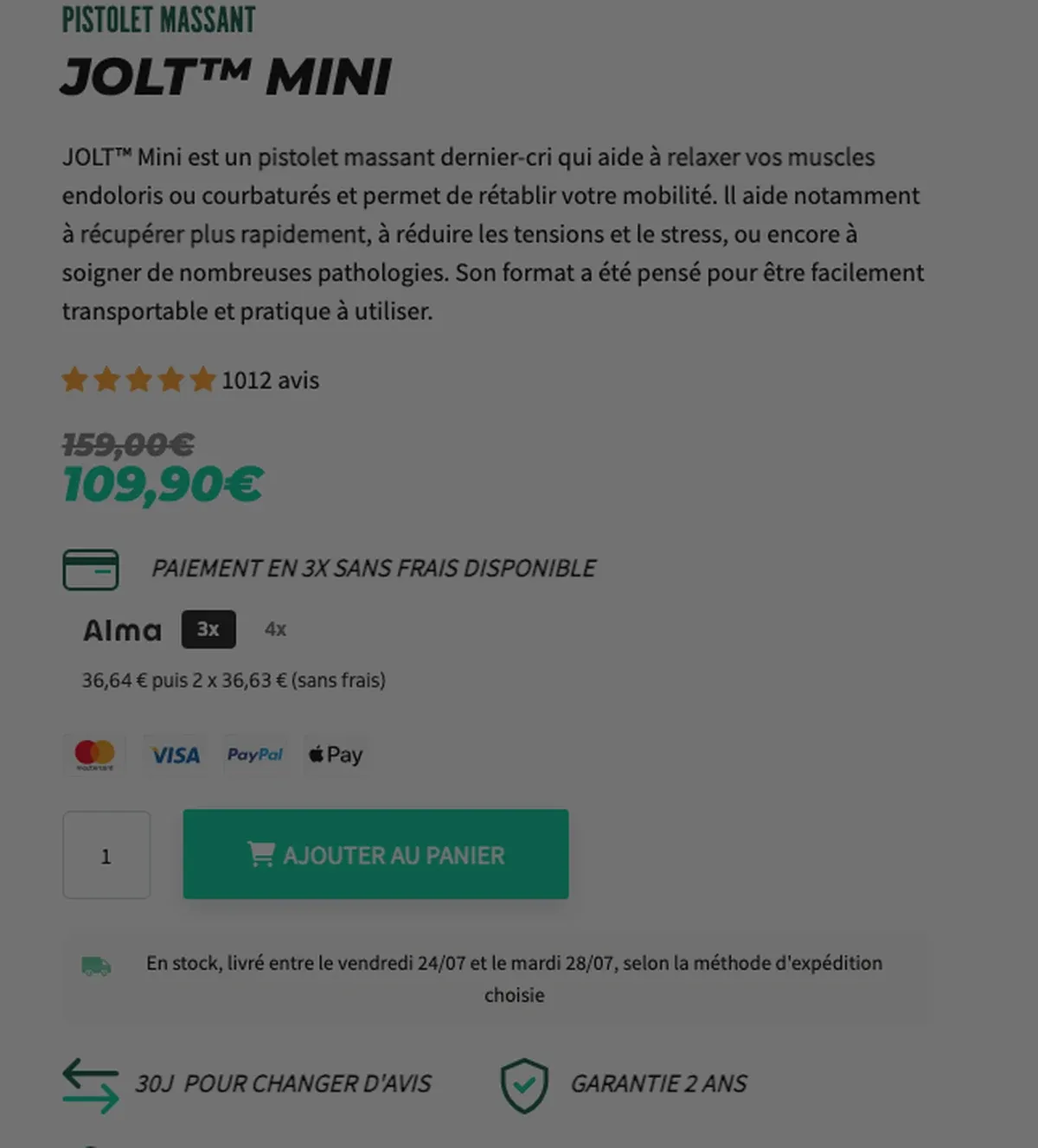 Bloc prix officiel du Jolt Mini : 109,90 euros au lieu de 159 euros avec paiement en 3 fois