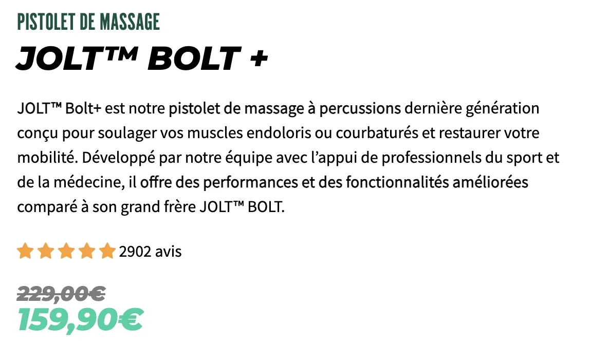 Bloc prix officiel du Jolt Bolt+ : 159,90 euros au lieu de 229 euros, note de 4,82 sur 5 pour 2 902 avis