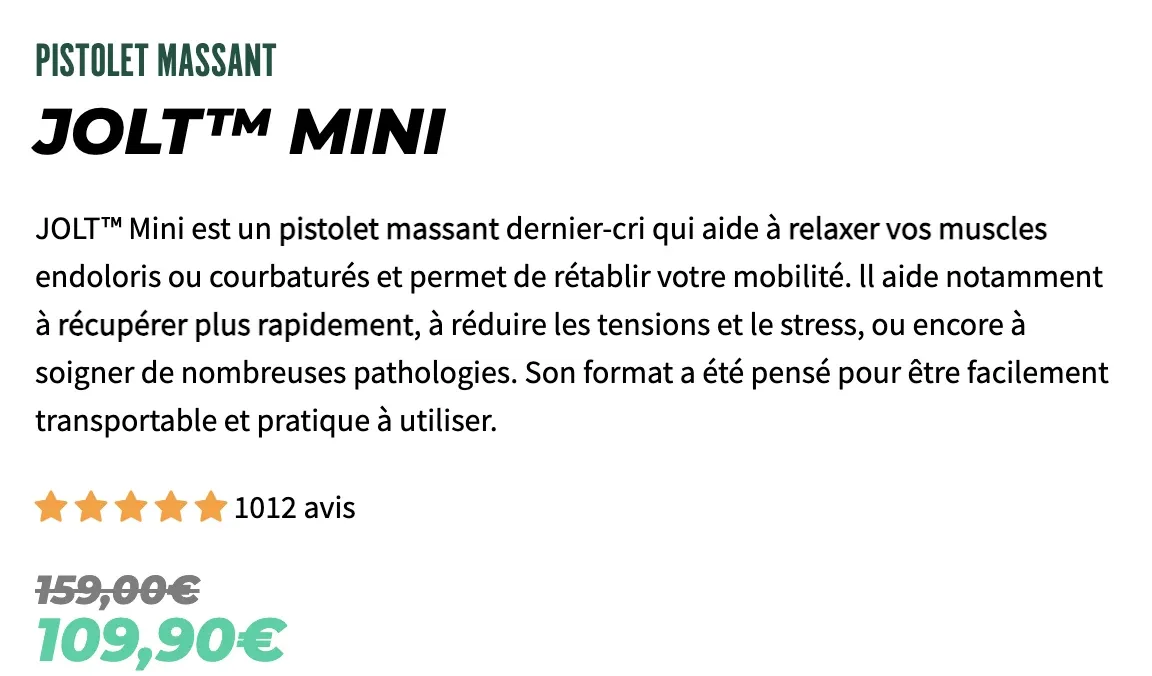 Bloc prix officiel du Jolt Mini : 109,90 euros au lieu de 159 euros, note de 4,86 sur 5 pour 1 012 avis