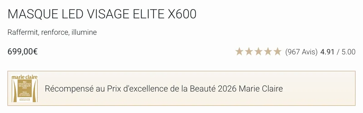 Le prix du masque LED Nooance Elite X600 sur le site officiel : 699 euros