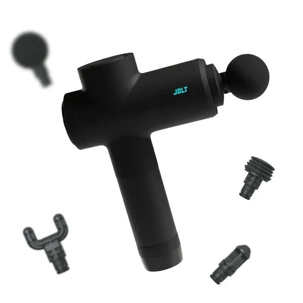 Le pistolet de massage Jolt Bolt+ avec sa mallette et ses six têtes interchangeables