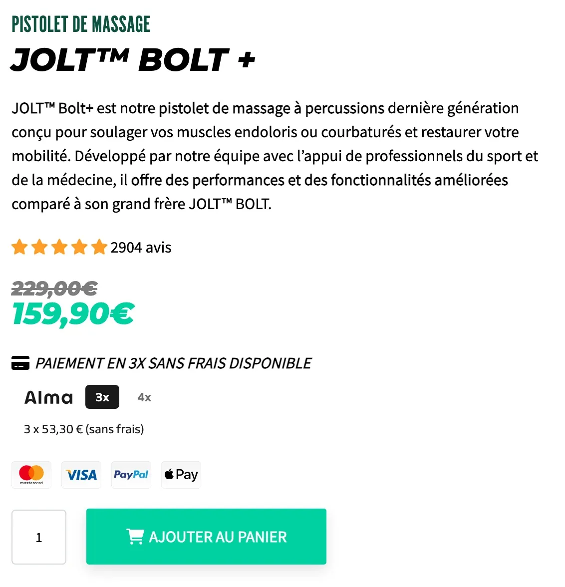 Le prix du Jolt Bolt+ sur le site officiel : 159,90 euros au lieu de 229 euros avec paiement en 3 fois sans frais